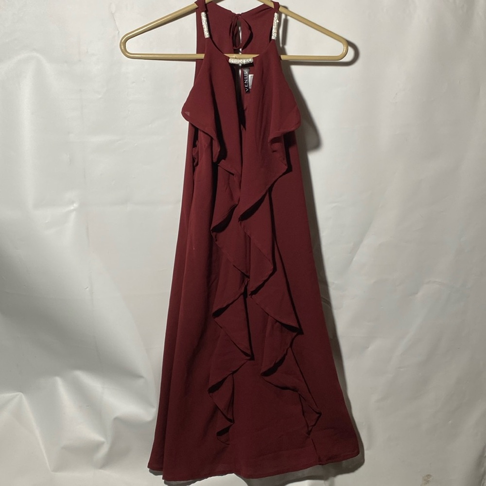 Venus Wine Red Mini Sleeveless Dress Ruffled Cocktail V Neck Size Sz S